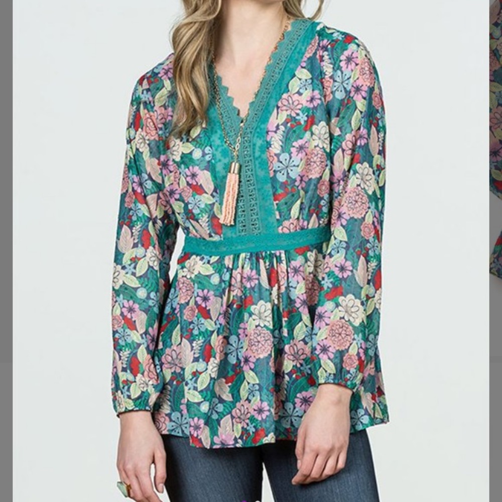 Matilda Jane Teal color floral Woman’s top - Picture 2 of 10